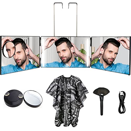 Feisate 3 Way Mirror with LED Lights, 360 Mirror for Women for Braiding, Self Cut Mirror with Lights, Self Haircut Mirror, Barber Mirror Self Cut to See Back of Head
