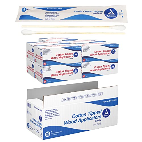 Dynarex 4304 Sterile Cotton Tipped Applicator, 6" Length, Single-Use Wooden Cotton Tip Applicator for Wound Care & Dressing, Hygiene, Makeup, Cleaning, Pack of 1000