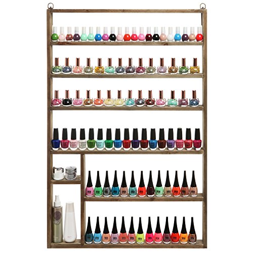 MyGift Wall Mounted Rustic Brown Solid Wood Nail Polish Display Organizer Storage Rack, Large 8 Tier Professional Salon Polish and Cosmetic Shelf