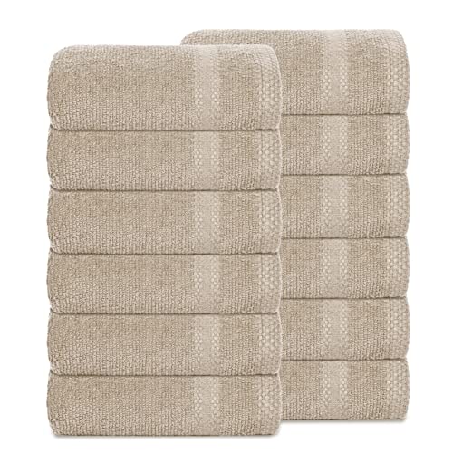 GLAMBURG Ultra Soft 12-Piece Washcloths Set 13x13-100% Ringspun Cotton - Durable & Highly Absorbent Face Towels - Ideal for use in Bathroom, Kitchen, Gym, Spa & General Cleaning - Tan