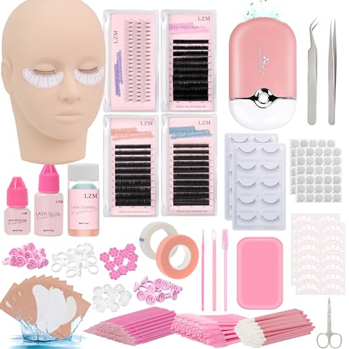 Eyelash Extension Kit for Beginners,Lash Extension Tech Starter Kit with Everything Lash Mannequin Head, Individual Lashes, Lash Fan, Glue, Remover, Tweezers for Practice