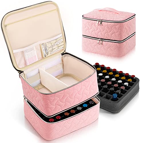 Nail Polish Organizer Case Holds 42 Bottles (15ml/0.5 fl.oz), Double-Layer Nail polish storage with Adjustable Dividers, Portable Nail Polish Bag for Nail Gel Nail Lamp and Manicure Tools, Pink