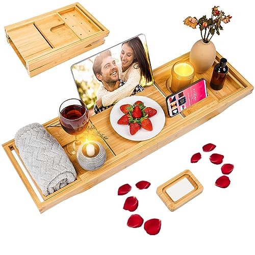 Foldable Bathtub Caddy Tray, Bamboo Bath Tub Tray Table for Tub with Wine Glass Holder Book Phone Tablet Holder with Extending Sides, Adjustable Bathroom Bathtub Free Soap Holder Gift Idea (Beige)