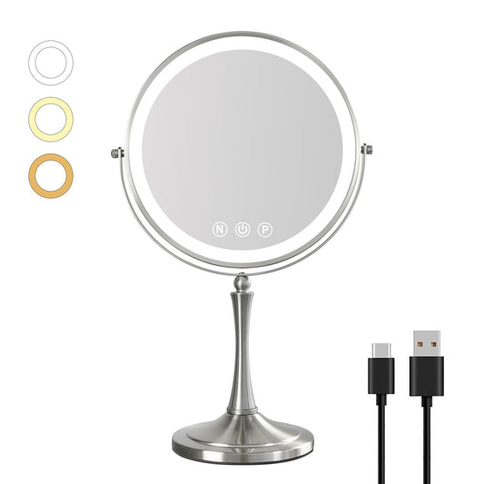 Nicesail 10" Extra Large Magnifying Mirror with Lights and 1X/10X Magnification, Double Sided LED Makeup Mirror with 3 Colors Adjustable Lighting, 360°Rotation Standing Desk Mirror, Polished Nickel