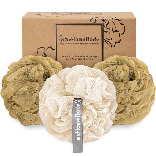myHomeBody Large 70g Loofah Sponge, Body Scrubber, Bath Sponge, Loofah for Women, Men | Exfoliating Sponge Shower Pouf with Activated Charcoal - 3 Pack, 2 Caramel + 1 Oat Milk