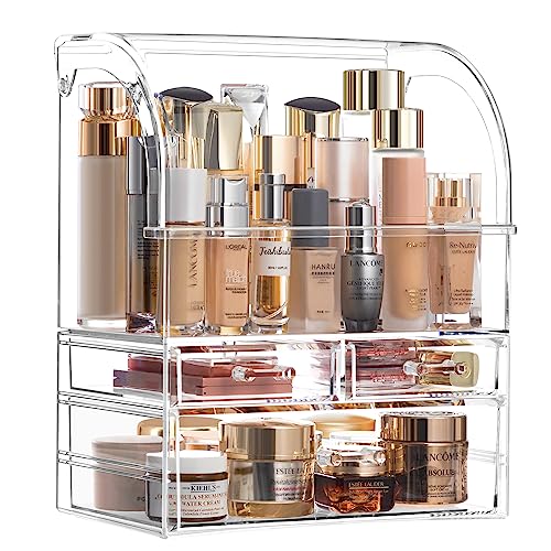 HBlife Large Clear Acrylic Cosmetic Makeup Organizer with Lid, High Capacity Cosmetics Storage Display Case with Drawers, Dustproof Waterproof Make Up Storage Box for Vanity Bathroom, XL