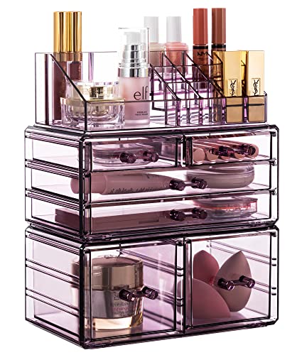 HBlife Acrylic Clear Dustproof Makeup Storage Organizer Drawers Large Skin Care Cosmetic Display Cases for Bathroom Stackable Storage Box with 6 Drawers for Vanity (Violet)
