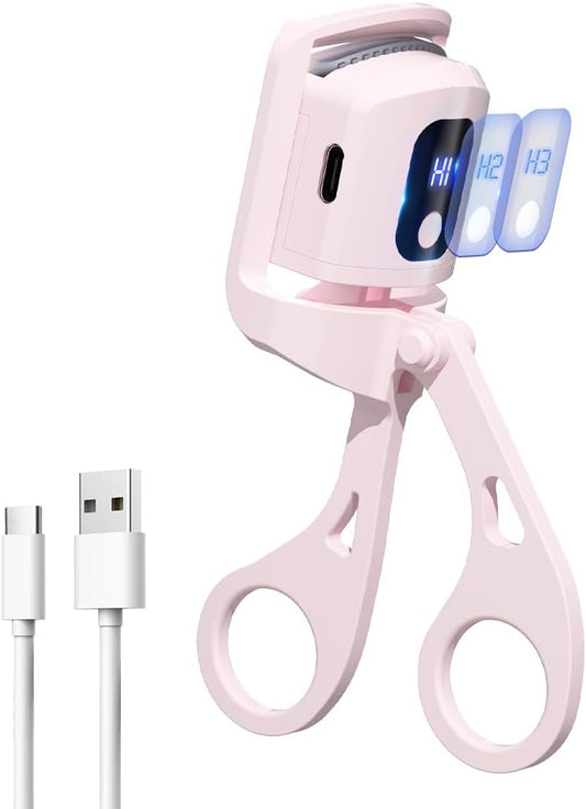 Heated Eyelash Curler with 3 Heating Modes, USB Rechargeable Eye Lash Curler for Long-Lasting Curl, Quick Heating and Temperature Display Electric Eyelash Curler (Pink)