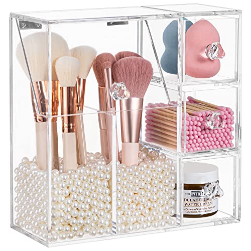 HBlife Makeup Brush Holder, Acrylic Makeup Organizer with 2 Brush Holders and 3 Drawers Dustproof Box, Free Beige Pearl Included