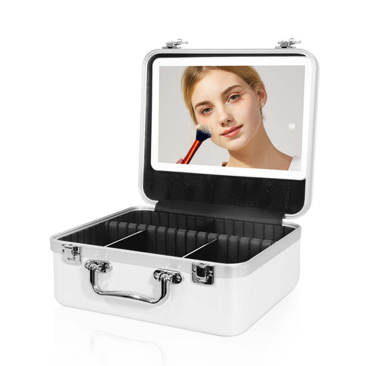 FENCHILIN Travel Makeup Bag with Rechargeable Mirror 3 Color Adjustable Brightness Cosmetic Train Case with Adjustable Dividers for Storage Waterproof Bag Magnetic Holder for Portable Mirror Cute Bear