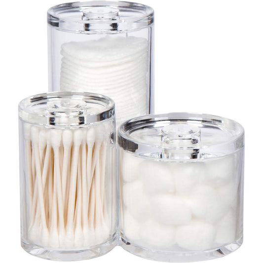 GROOVI Beauty Acrylic Triple Round Make Up Container (3 Towers Connected) Compact Size, Great Storage Container for Cosmetics/accs., for use in Bathroom or on Vanity, 5.5" x 5.9" x 5.25"