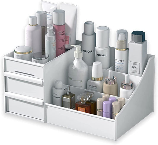 RUBRYKAZ Makeup Desk Cosmetic Storage Box Organizer with Drawers for Dressing Table, Vanity Countertop, Bathroom Counter, Elegant Vanity Holder for Brushes, Eyeshadow, Lipstick and Nail Polish,WHITE