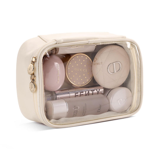 Pocmimut Makeup Bag,PU Leather Clear Makeup Bag,Makeup Pouch for Women Purse for Travel Accessories Essentials(Beige)