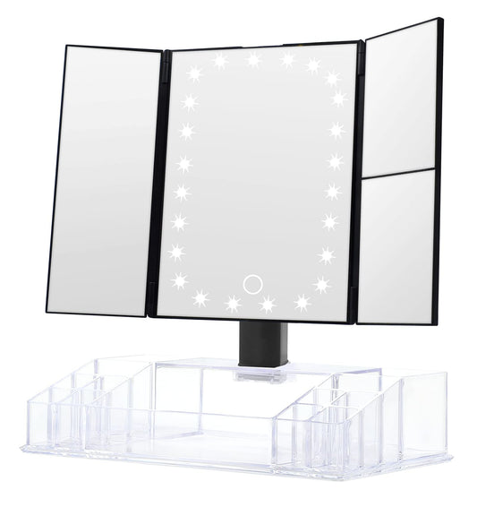GULAURI Makeup Mirror with Lights and Storage - 3x/2x Magnification, Tri-Fold Cosmetic Vanity Mirror with 24 Led Light, Touch Screen, 180 Degree Adjustable Rotation,Black