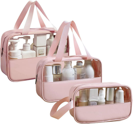 weallbuy 3 Pcs Clear Cosmetics Bag, Waterproof Travel Patchwork Makeup Bag, Toiletries Bag with Carrying Handle, Organize Cosmetics and Toiletries (Pink)
