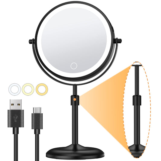 Gospire Lighted Makeup Mirror with Magnification 10X, 3 Color Dimmable Lights & Height Adjustable 7" Cosmetic Mirror, 360° Swivel Double Sided Rechargeable LED Vanity Mirror Cordless Standing Mirror
