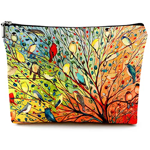 Givotin Cute Makeup Bag for Purse Canvas Waterproof Funny Cosmetic Bags for Women Zipper Travel Toiletry Pouch-Tree Bird Oil Painting Makeup Bags