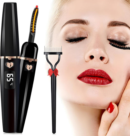 Heated Eyelash Curlers, Electric Eyelash Curler Type C Rechargeable, Heated Lash Curler for Women Natural Eye Lash Curler Makeup Tool with Eyelash Comb, 24 Hours Long Lasting - Black