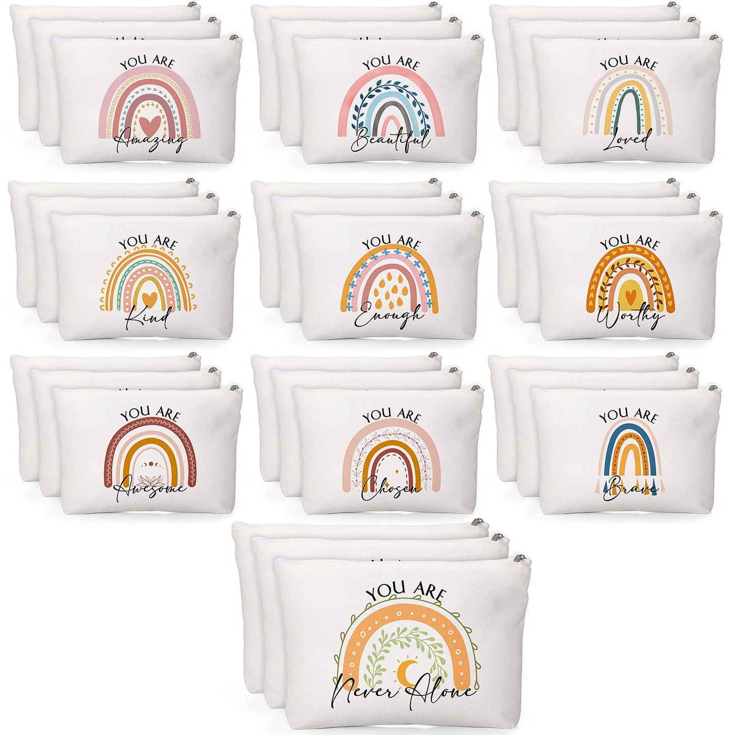 Coume 30 Pcs Thank You Gifts Rainbow Canvas Cosmetic Bag Bulk Inspirational Quotes Makeup Bag with Zipper Encouragement Travel Pouch for Women Teacher First Day of School Gifts, 10 Styles