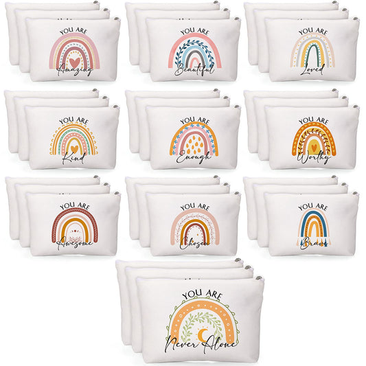 Coume 30 Pcs Thank You Gifts Rainbow Canvas Cosmetic Bag Bulk Inspirational Quotes Makeup Bag with Zipper Encouragement Travel Pouch for Women Teacher First Day of School Gifts, 10 Styles
