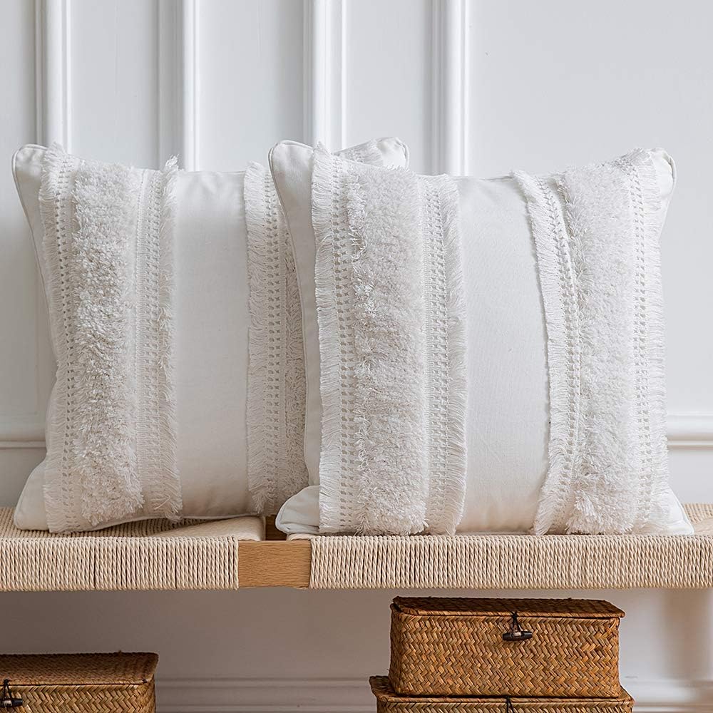 Boho Throw Pillow Covers: 2 Pack 100% Cotton Woven Tufted Decorative Square Pillowcases