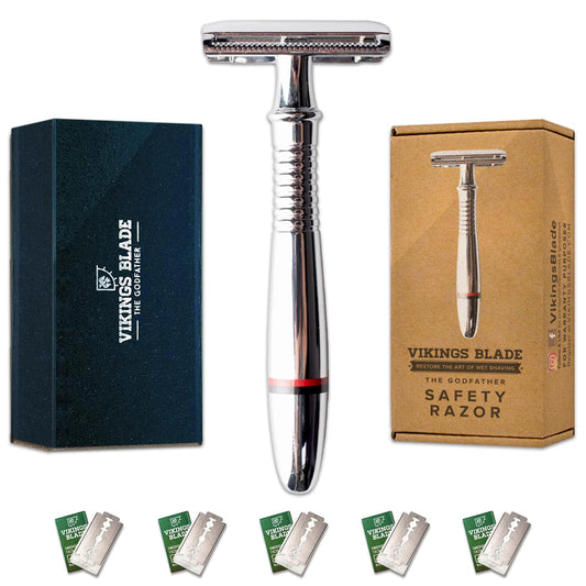 Double Edge Safety Razor by VIKINGS BLADE, Long Handle, Swedish Steel Blades Pack + Luxury Case. Traditional 3 Piece, Heavy Duty, Reduces Razor Burn, Smooth, Close, Clean Shave (Model: The Godfather)