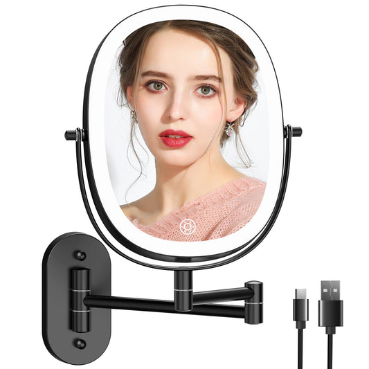 FUNTOUCH Rechargeable Wall Mounted Lighted Makeup Vanity Mirror, Perfectly Illuminated with Double Sided 1X/7X Magnification, 3 Dimmable Light Settings, Extension Arm, Oval Frame Ideal for Makeup