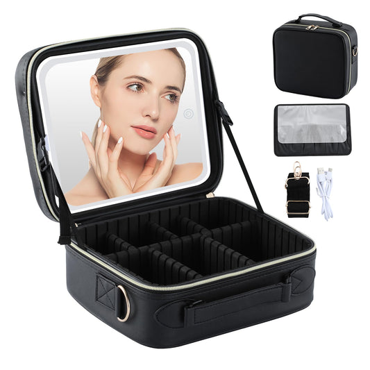 Essbhach Travel Makeup Bag with Detachable Mirror,3 Color LED Adjustable Brightness, Waterproof Cosmetic Bag Train Case Makeup Organizer Bag with Adjustable Dividers, Makeup Brushes Storage Gift