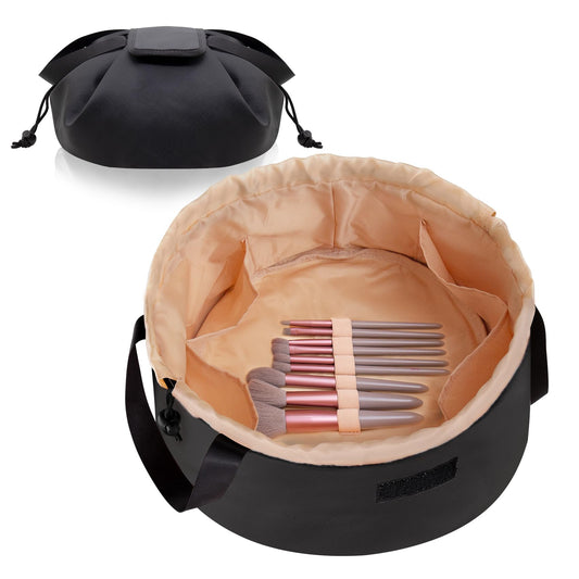 rlokosfb Large Drawstring Makeup Organizer,Lay Makeup Bag Cosmetic Bag Toiletry Bag for Travel,Portable Waterproof Make Up Bags for Women Brush Toiletries Accessories (Bright black)