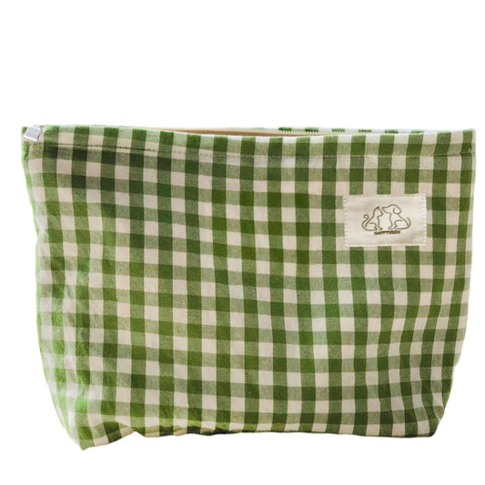 HAPPYHEIDI Women Checkered Canvas Makeup Bag Cosmetic Pouch Make Up Travel Purse Organizer, Cute Green Plaid
