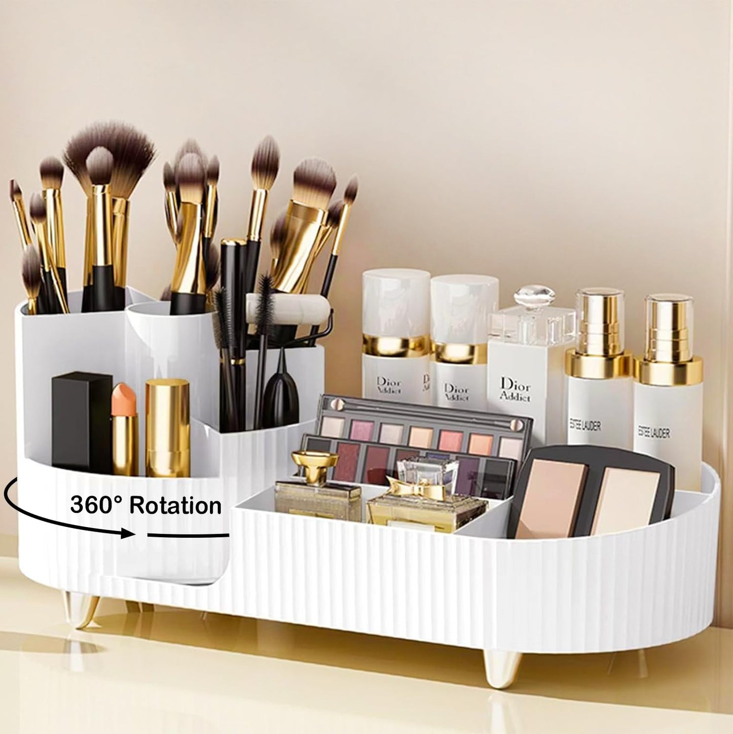 New 360 Rotating Makeup Organizer for Vanity with Brush Holder, Cosmetic Makeup Storage Organizer, Large Spinning Makeup Skincare Organizer, Countertop Makeup Perfume Organizer, Lotions Display Cases