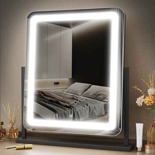 Gvnkvn Makeup Vanity Mirror with Lights - 15.2" Large LED Lighted Mirror, Make Up Mirror with Lighting for Bedroom Tabletop, Smart Touch, 360° Rotation