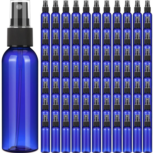 Nuogo 90 Pack Plastic Spray Bottles 4 Oz Reusable Mini Perfume Refillable Bottle Travel Size Mist Bottle Sprayer Empty Bottle for Essential Oil (Blue)