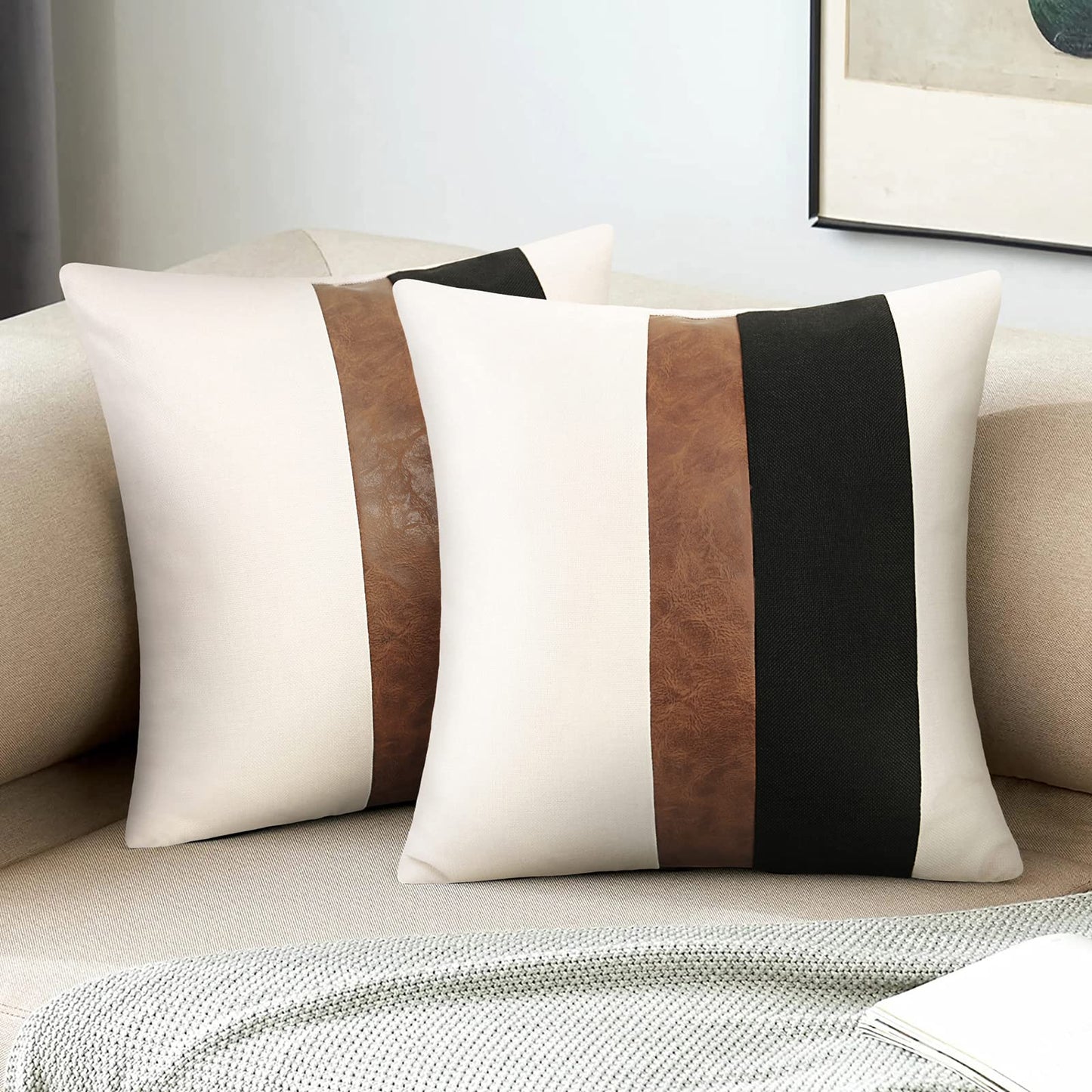 Faux Leather and Linen Throw Pillow Covers Black and White Pillows Decorative Throw Pillows Covers