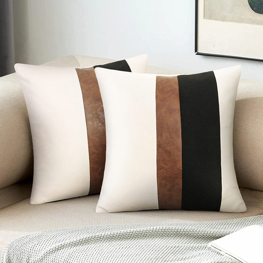 Faux Leather and Linen Throw Pillow Covers Black and White Pillows Decorative Throw Pillows Covers