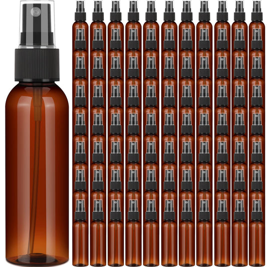 Nuogo 90 Pack Plastic Spray Bottles 4 Oz Reusable Mini Perfume Refillable Bottle Travel Size Mist Bottle Sprayer Empty Bottle for Essential Oil (Amber)