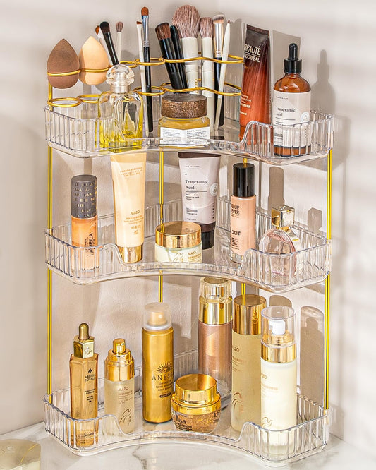 NATURE'S SOURCE Makeup Organizer for Vanity, 3-Tier Corner Bathroom Organizer Countertop with Makeup Brush Holder, Corner Counter Storage for Bathroom, Dresser, Kitchen（Clear
