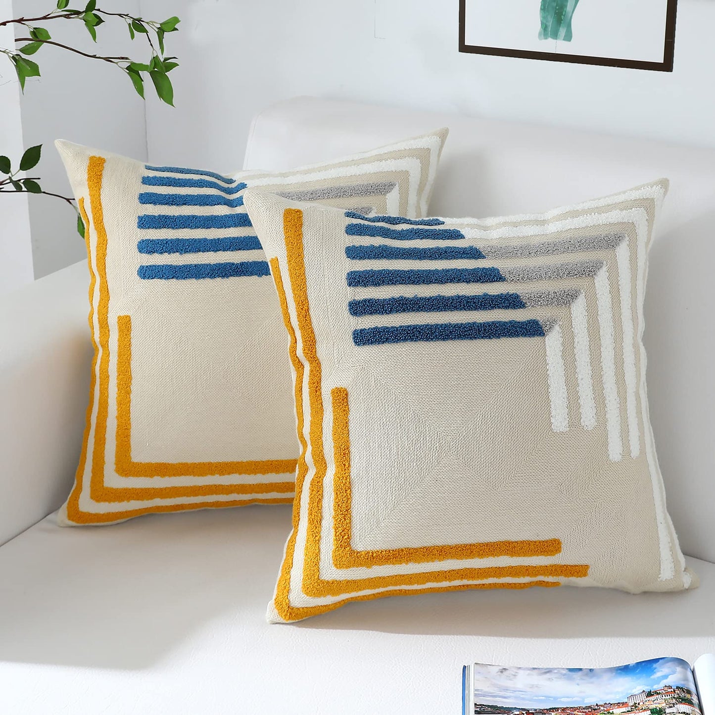 Boho Throw Pillow Covers 18x18 Set of 2 Neutral Accent Modern Farmhouse Pillow Covers with Embroidered Geometric Pattern