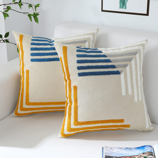 Boho Throw Pillow Covers 18x18 Set of 2 Neutral Accent Modern Farmhouse Pillow Covers with Embroidered Geometric Pattern