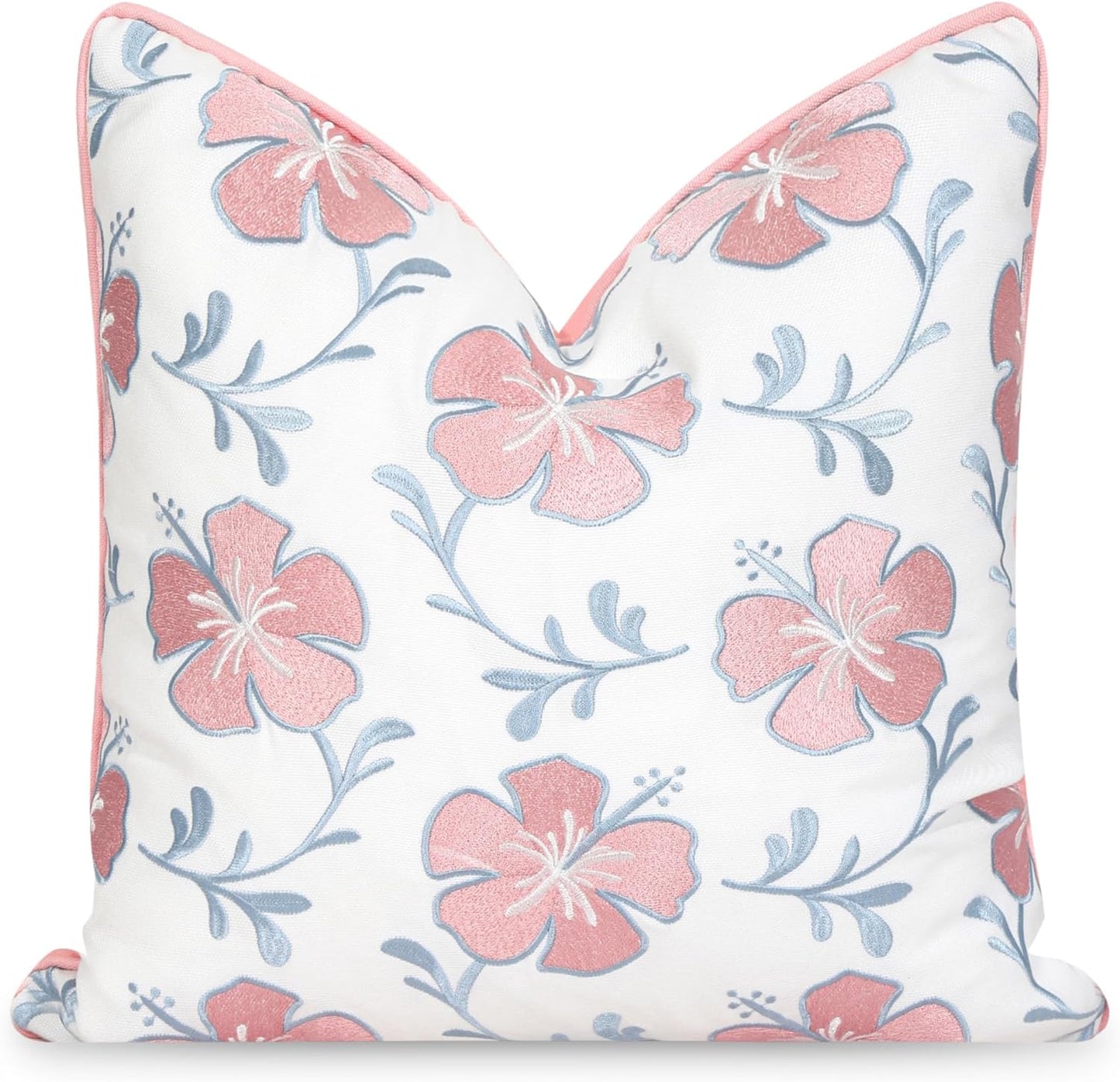Hofdeco Premium Coastal Patio Indoor Outdoor Throw Pillow Cover Only, 18"x18" Water Repellent for Backyard, Couch, Blush Pink Baby Blue Embroidered Hibiscus Floral with Piping