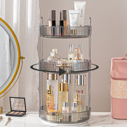 shuang qing Rotating Makeup Organizer for Vanity 3 Tier, High-Capacity Skincare Clear Make Up Storage Perfume Organizers Cosmetic Dresser Organizer Countertop 360 Spinning （Grey）