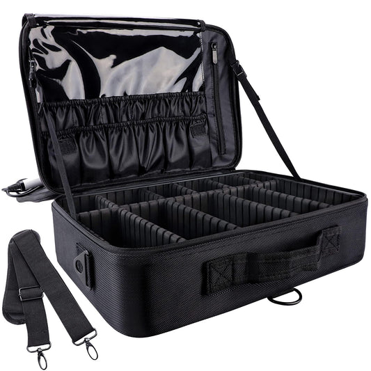 gzcz Travel Makeup Train Case Professional Makeup Case 16" Large Capacity Cosmetic Case Make up Brush Organizer Portable Artist Storage Bag with Adjustable Dividers and shoulder strap Black