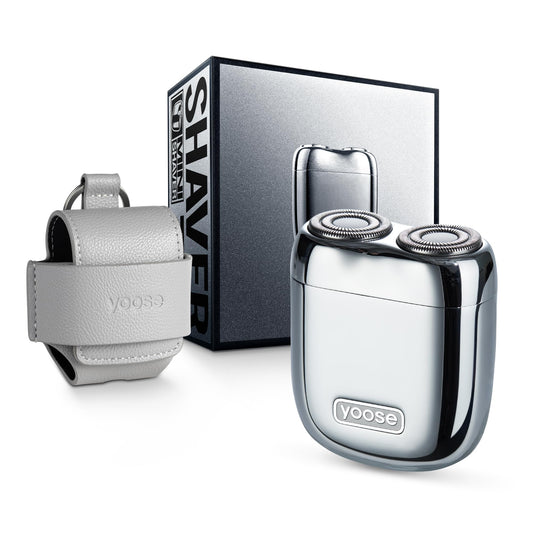 yoose Alloy Mini Shaver, Portable Cordless Travel Electric Shaver, USB-C Rechargeable Electric Razor for Men, IPX7 Waterproof, Magnetic Detachable Head, Dry Shave, Leather Case Included, Silver