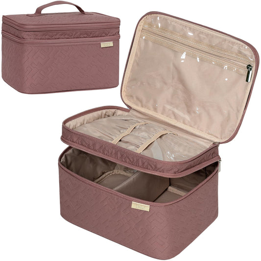 NISHEL Large Double Layer Travel Makeup Bag Women, Large Cosmetic Case, Organizer for Travel-Size Accessories Bottles, Brushes, Conditioner, and Skin Care Products, Rose-wood Pink