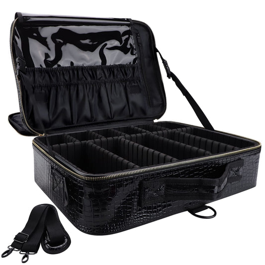 Oewoer PU Leather Professional Makeup Case 16 Inches Large Travel Makeup Bag Organizer with Shoulder Strap（L-Black Crocodile）