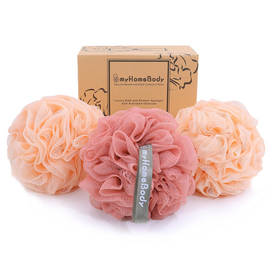 myHomeBody Large 70g Loofah Sponge, Body Scrubber, Bath Sponge, Loofah for Women, Men | Exfoliating Sponge Shower Pouf with Activated Charcoal - 2 Peach + 1 Coral Red, 3 Pack