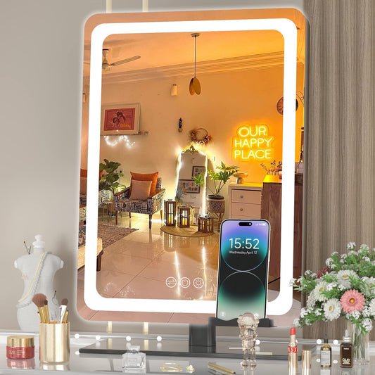Hasipu Vanity Mirror with Lights, 16"×12" LED Makeup Mirror, Lighted Makeup Mirror with Lights, Smart Touch Control Dimmable 3 Modes Light 360°Rotation Round Black