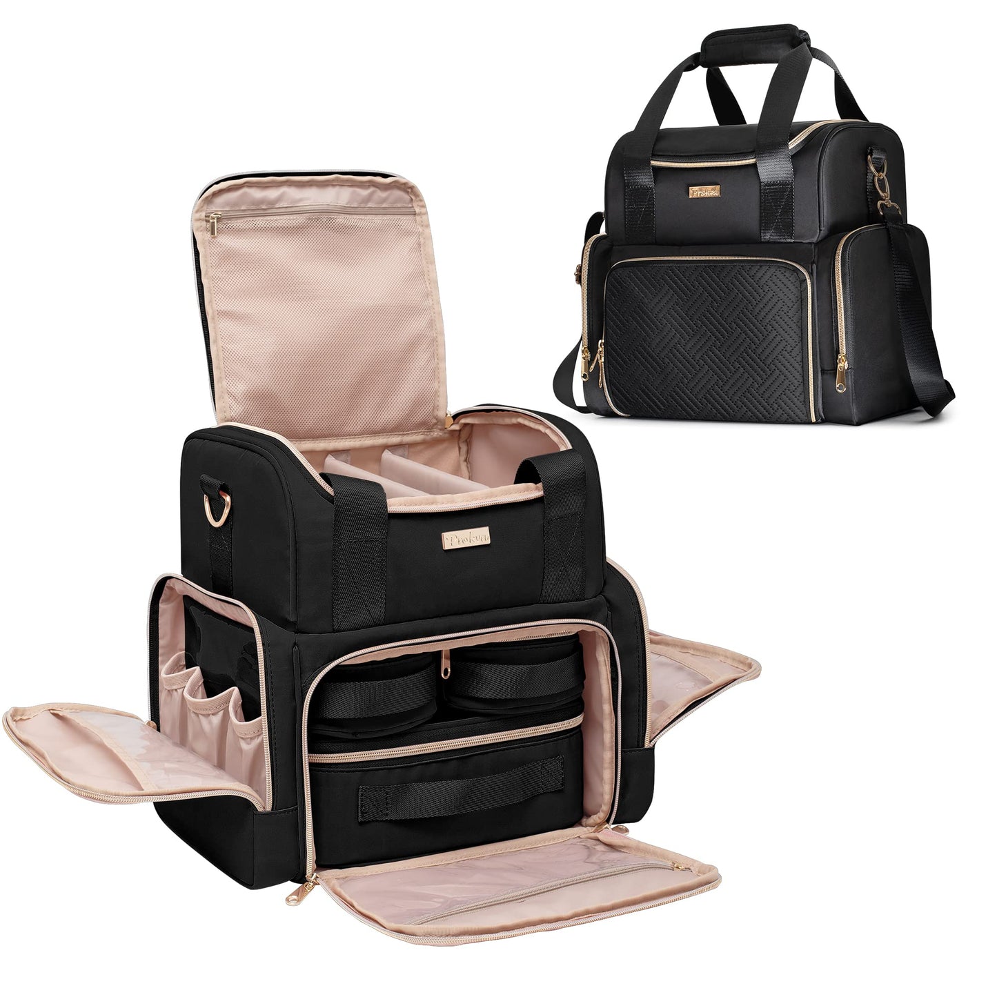 Prokva Large Makeup Cosmetic Bag with 3 Removable Case, Double Layer Travel Makeup Organizer Case with Dividers and Brushes Storage Section, Black