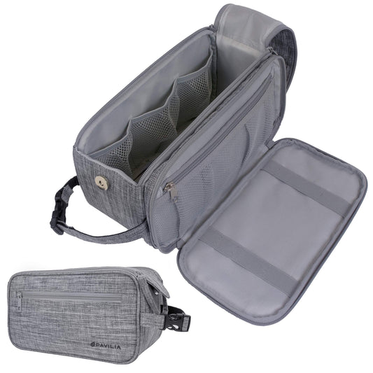 PAVILIA Toiletry Bag for Men, Travel Essentials Shaving Dopp Kit, Mens Travel Bag Toiletries Organizer Case for Grooming, PU Leather Water Resistant Cosmetic Bag Pouch (Heather Grey)