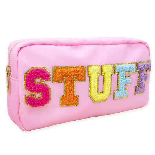 Fablinks Preppy Stuff Bag, Chenille Varsity Letter Makeup Pouch, Pink Nylon Skin Care Zipper Patch Bags Organizer for Women, Travel Make Up Skincare Cosmetic Easter Basket Stuffers